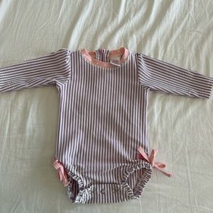 Ruffle Butts | Seersucker Long Sleeve Rash Guard One Piece | 0-3 months